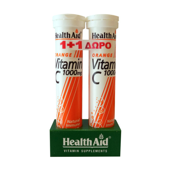 Health Aid Vit-C 1gr αναβράζοντα δισκία γεύση πoρτoκαλι 20 Tabs + δώρο Vit-c 1000mg