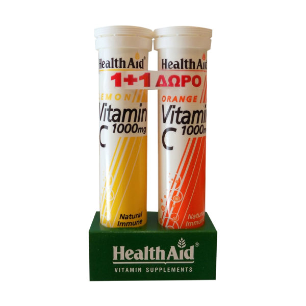 Health Aid Vitamin C 1000mg αναβράζοντα δισκία γεύση πορτοκάλι + δώρο γεύση λεμόνι Vit C 20 Tabs