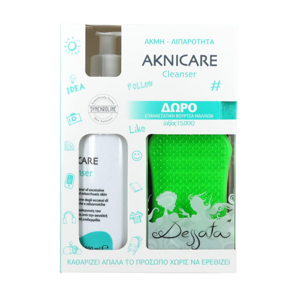 Synchroline Aknicare Cleanser 500ml τζελ καθαρισμού προσώπου + δώρο βούρτσα μαλλιών Dessata